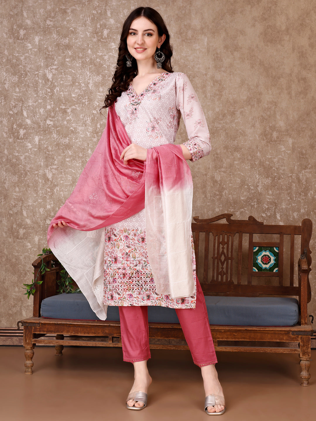 Hand Embroidered & Floral Printed Kurta with pant & dupatta Luxury