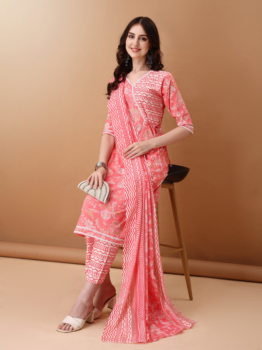 Angrakha Style floral Printed A-line kurta with pant & dupatta