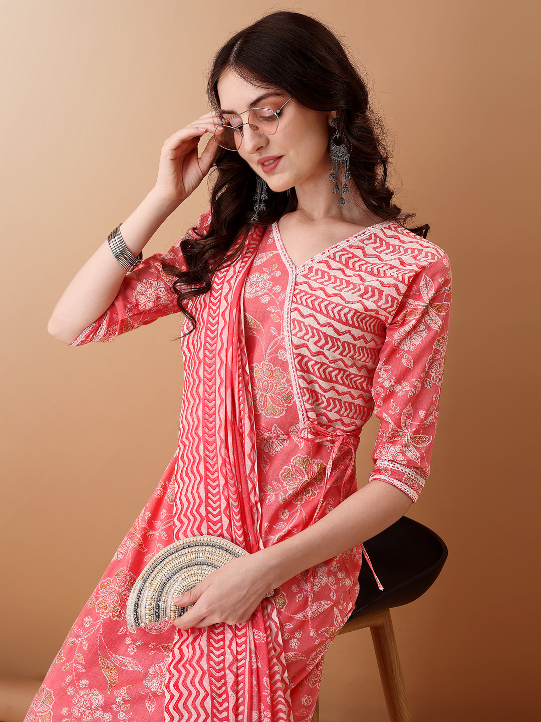 Angrakha Style floral Printed A-line kurta with pant & dupatta