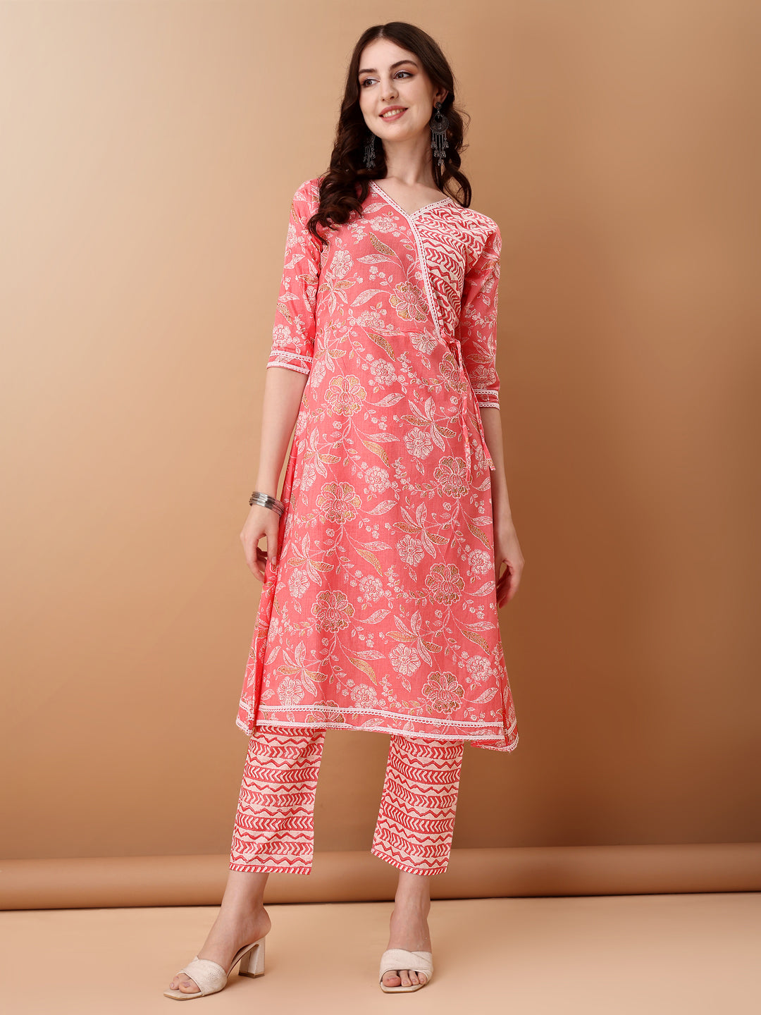 Angrakha Style floral Printed A-line kurta with pant & dupatta