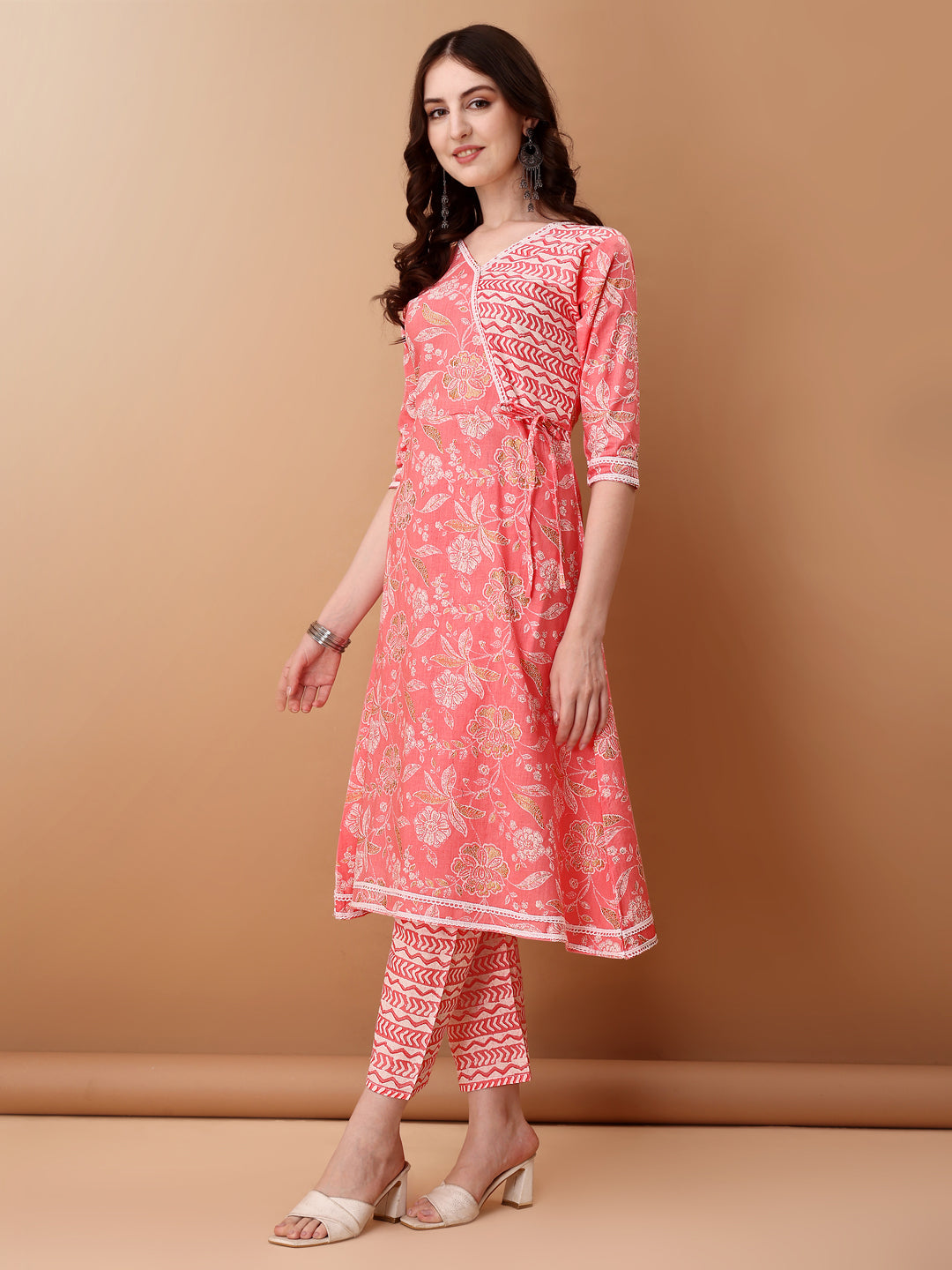 Angrakha Style floral Printed A-line kurta with pant & dupatta