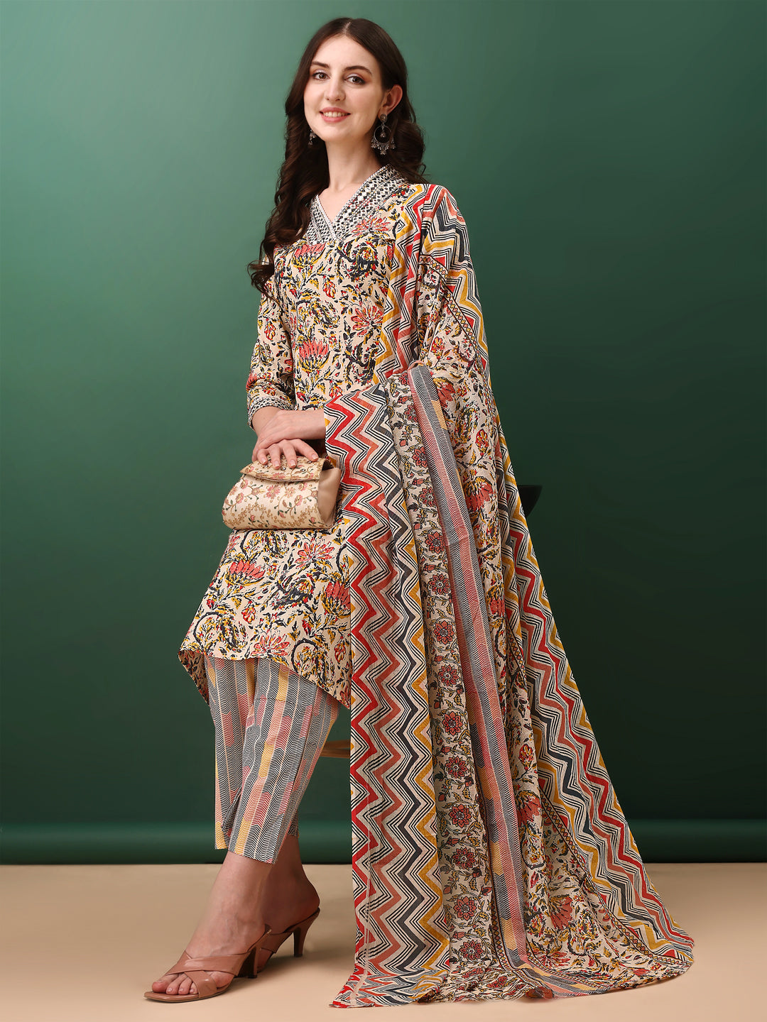 Sequined & Mirror Embroidered & Printed Kurta with Pant & dupatta