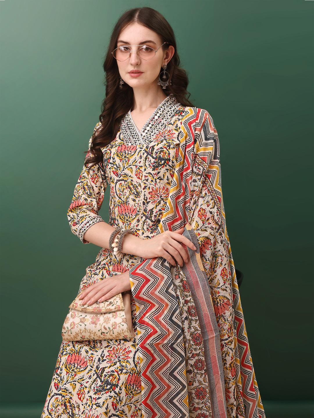 Sequined & Mirror Embroidered & Printed Kurta with Pant & dupatta