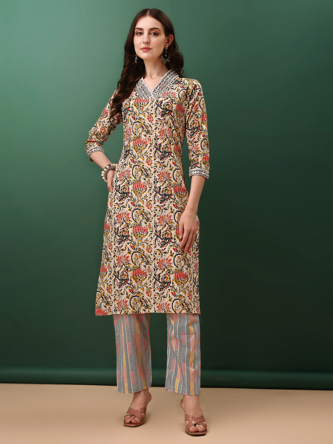 Sequined & Mirror Embroidered & Printed Kurta with Pant & dupatta