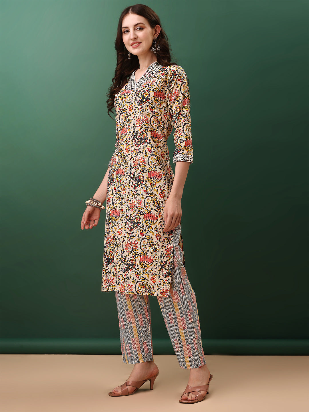 Sequined & Mirror Embroidered & Printed Kurta with Pant & dupatta