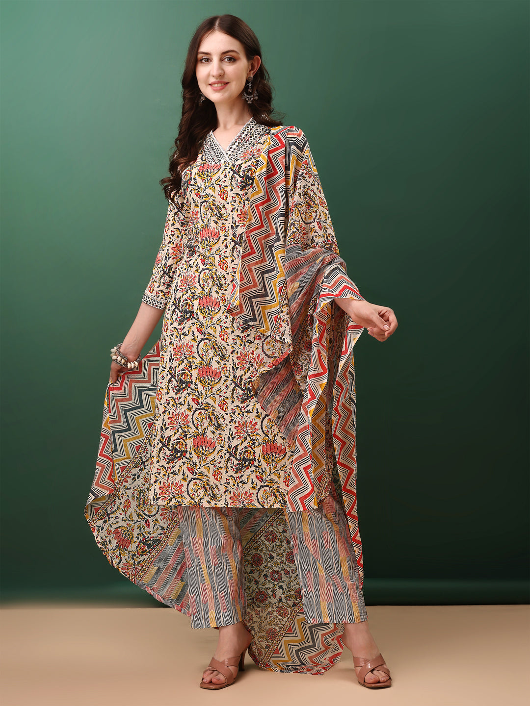 Sequined & Mirror Embroidered & Printed Kurta with Pant & dupatta