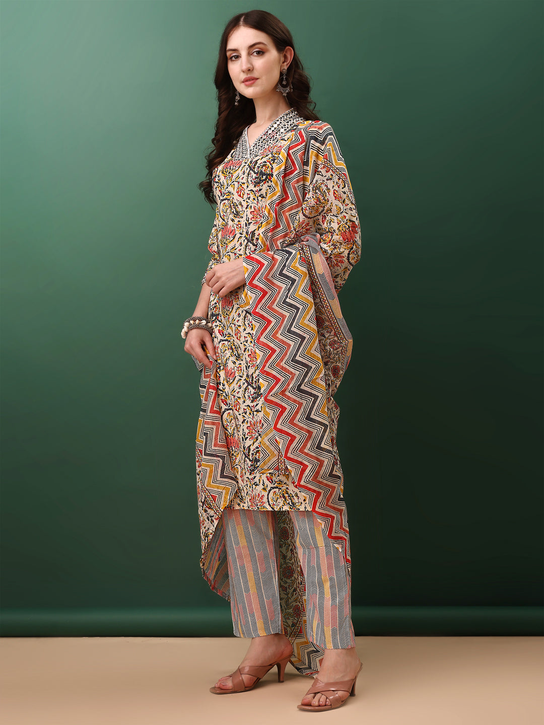 Sequined & Mirror Embroidered & Printed Kurta with Pant & dupatta