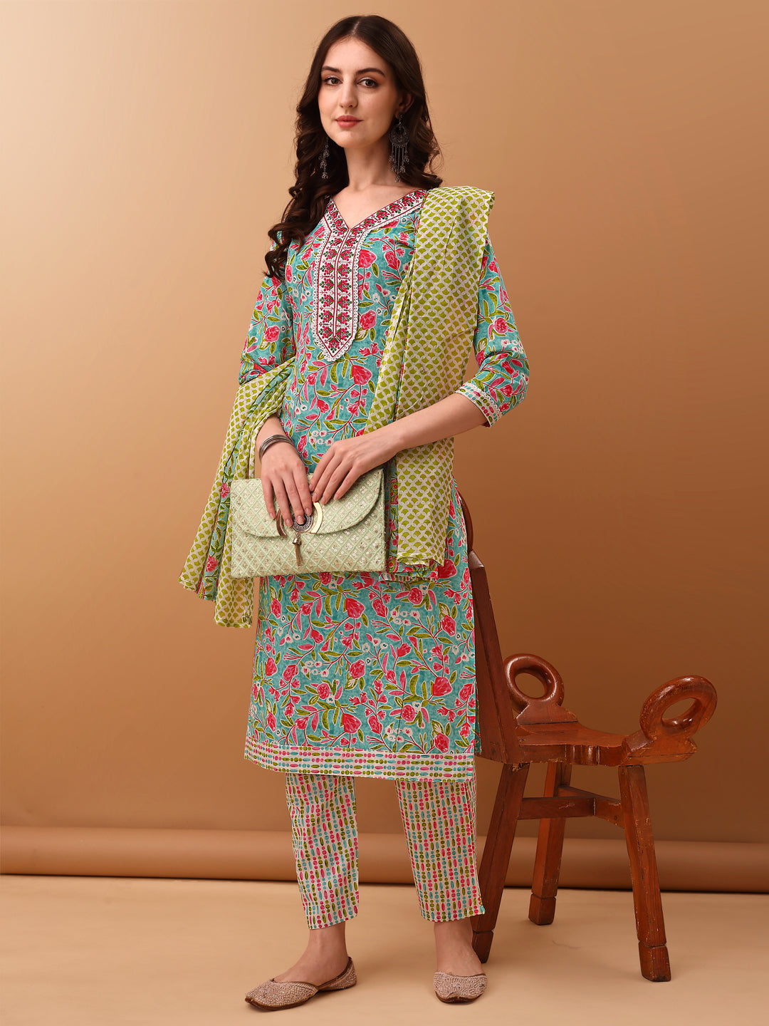 Embroidered & Floral Printed Kurta with Pant & dupatta