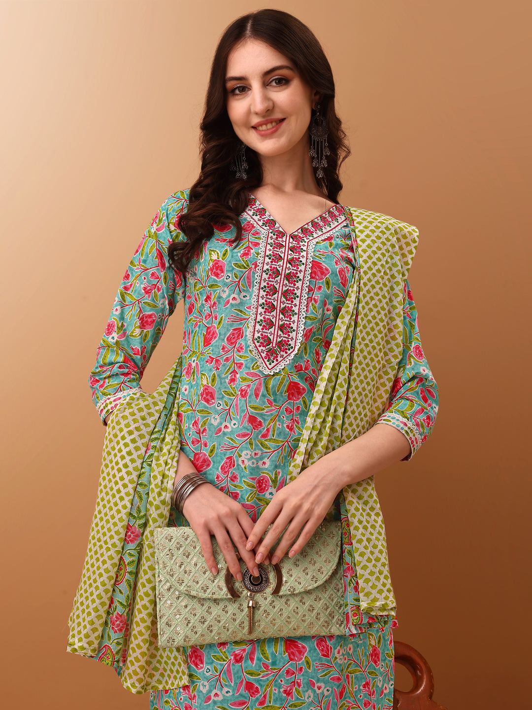 Embroidered & Floral Printed Kurta with Pant & dupatta