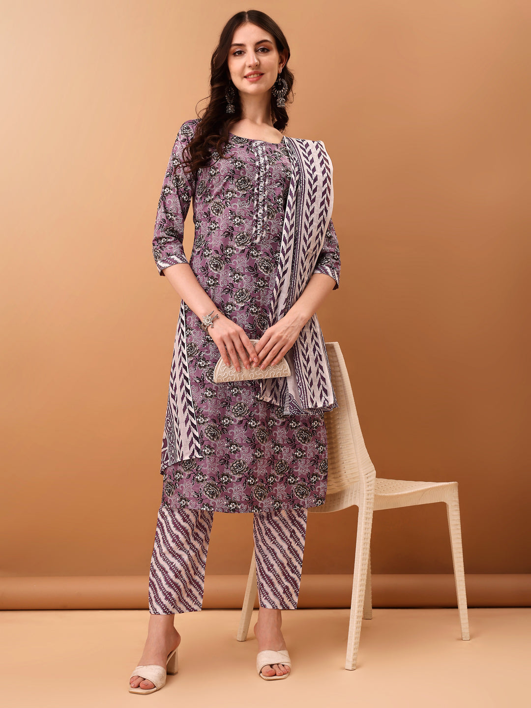 Mirror Embroidered & Floral Printed Kurta with pant & dupatta