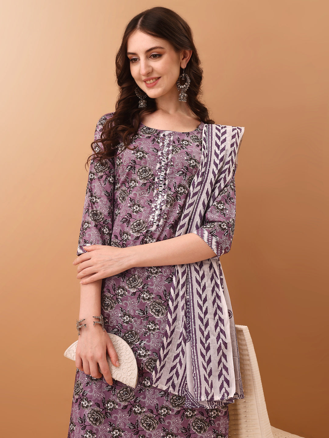 Mirror Embroidered & Floral Printed Kurta with pant & dupatta