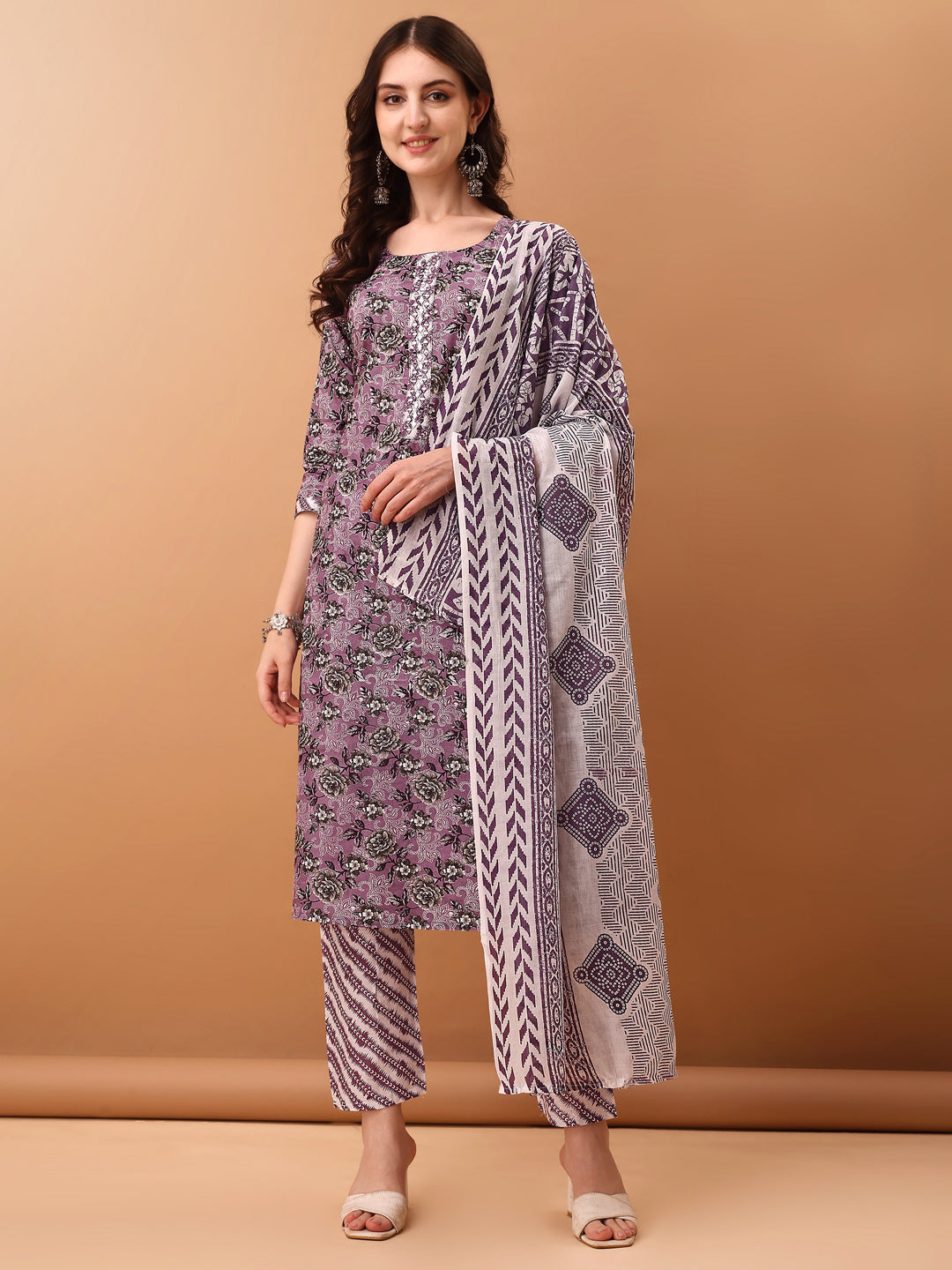 Mirror Embroidered & Floral Printed Kurta with pant & dupatta