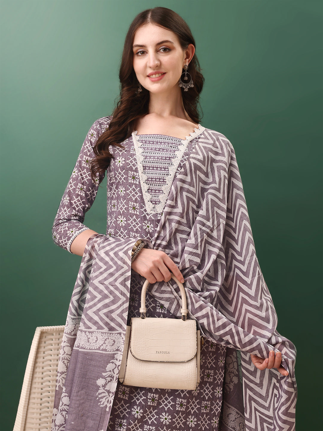 Ethnic Motifs Printed Kurta with Lace Detailing and pant & Dupatta