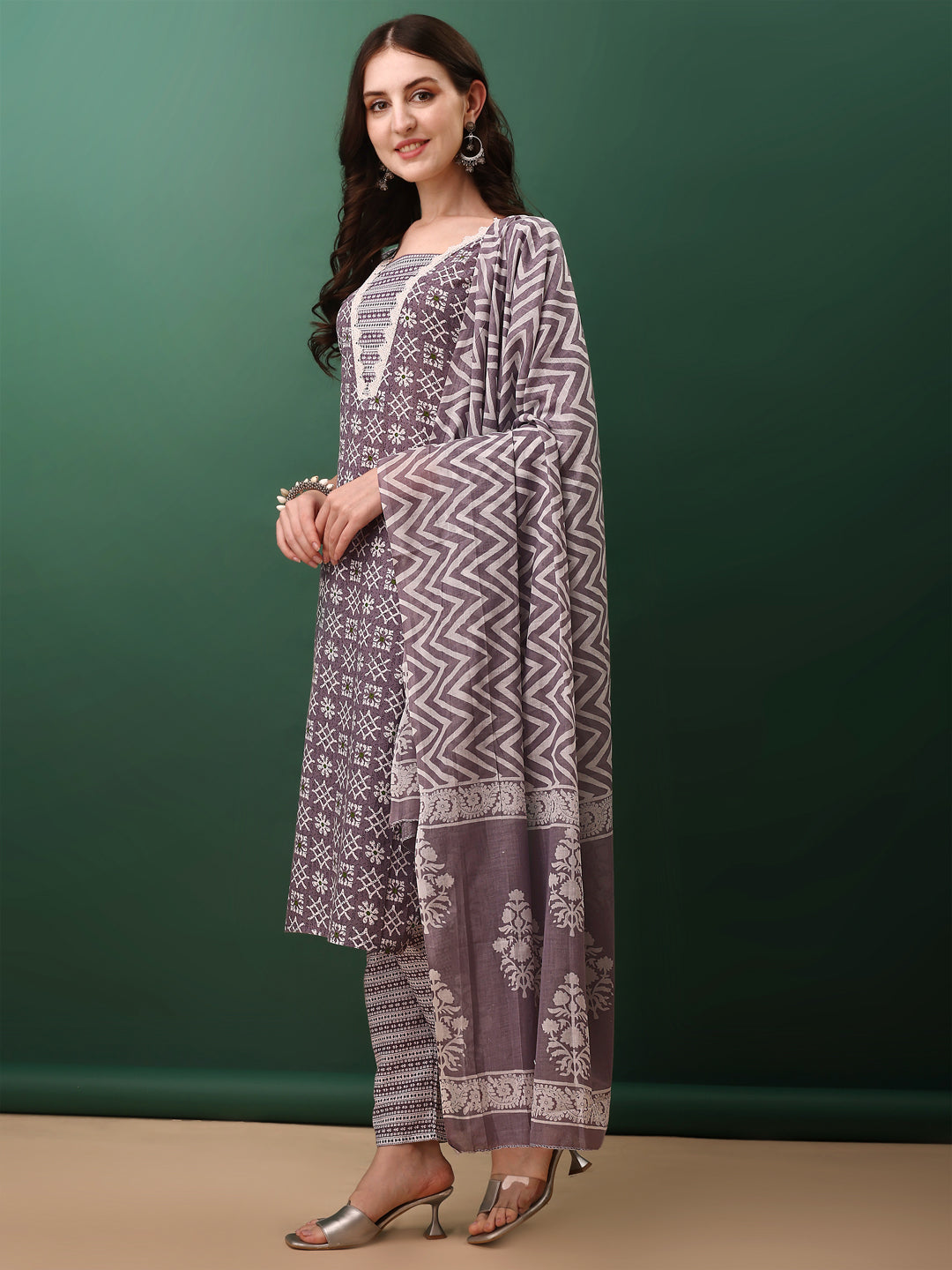 Ethnic Motifs Printed Kurta with Lace Detailing and pant & Dupatta