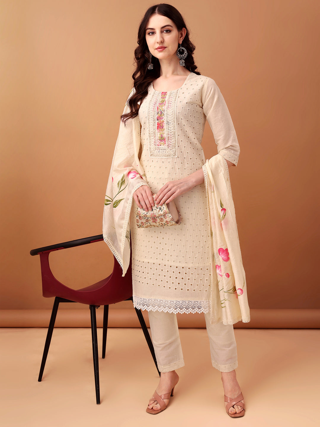 Schiffli & embroidered Kurta with pant & Dupatta