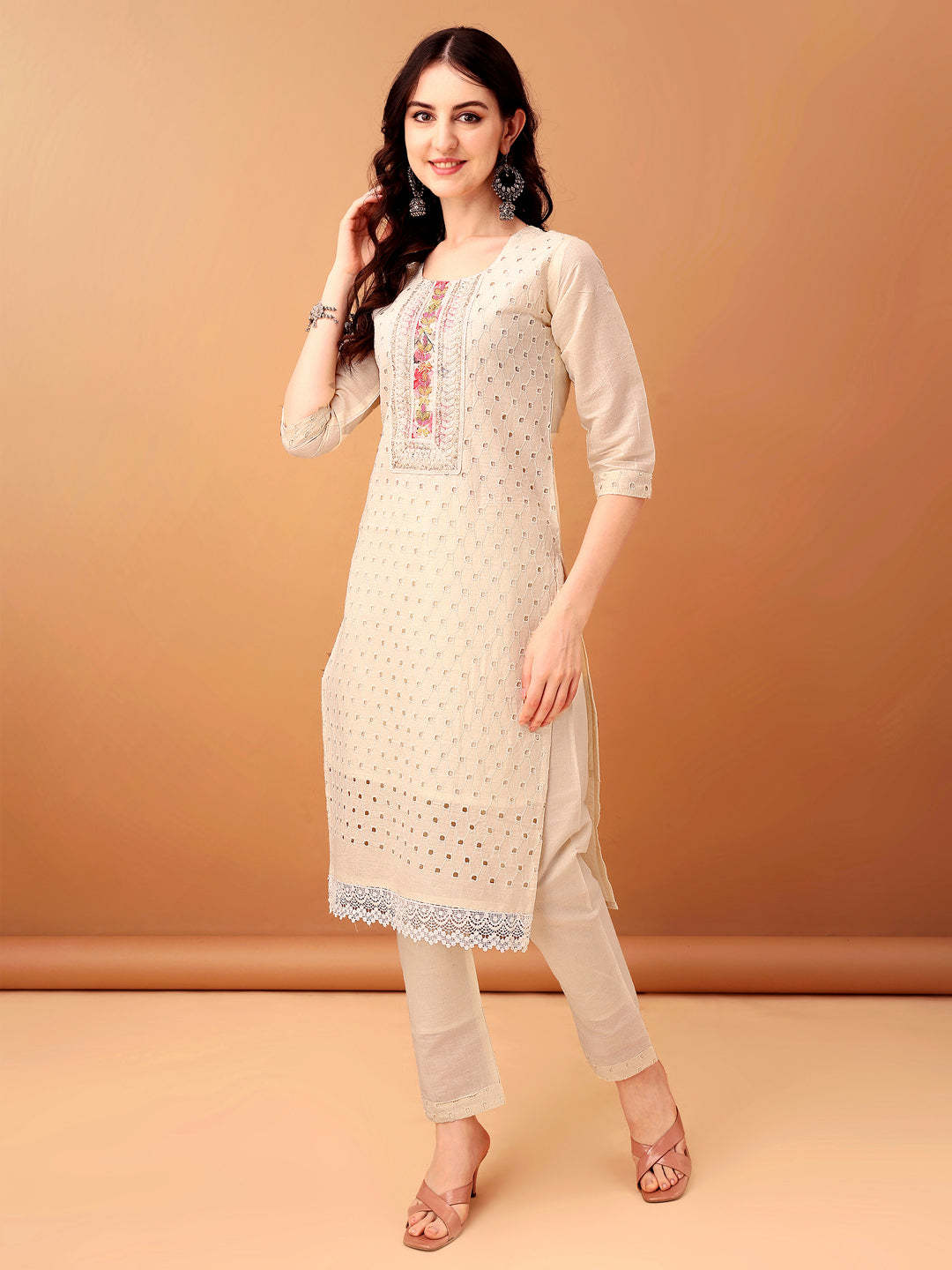 Schiffli & embroidered Kurta with pant & Dupatta