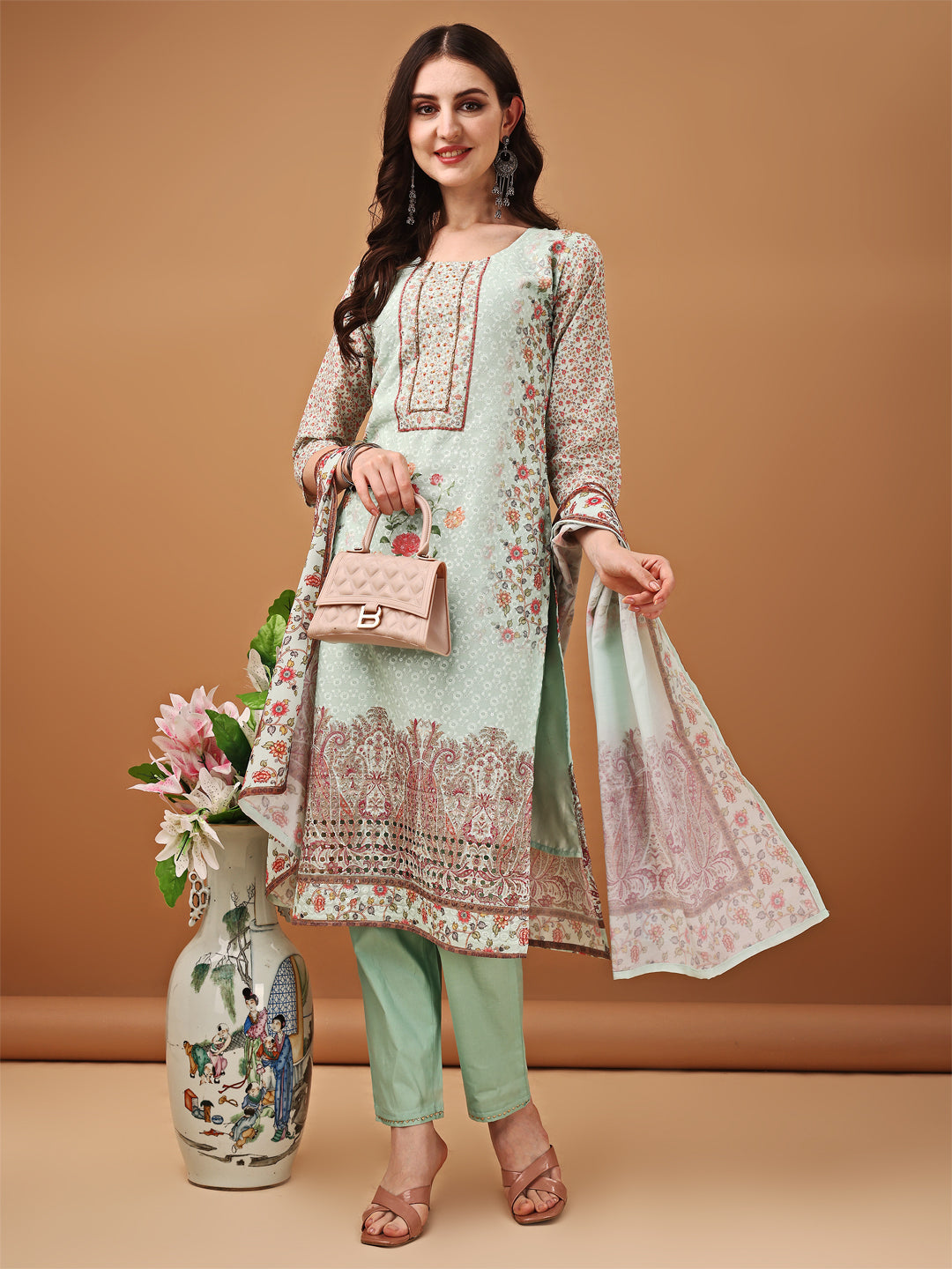 Hand Embroidered,Schiffli & Printed kurta with pant & Printed  Dupatta