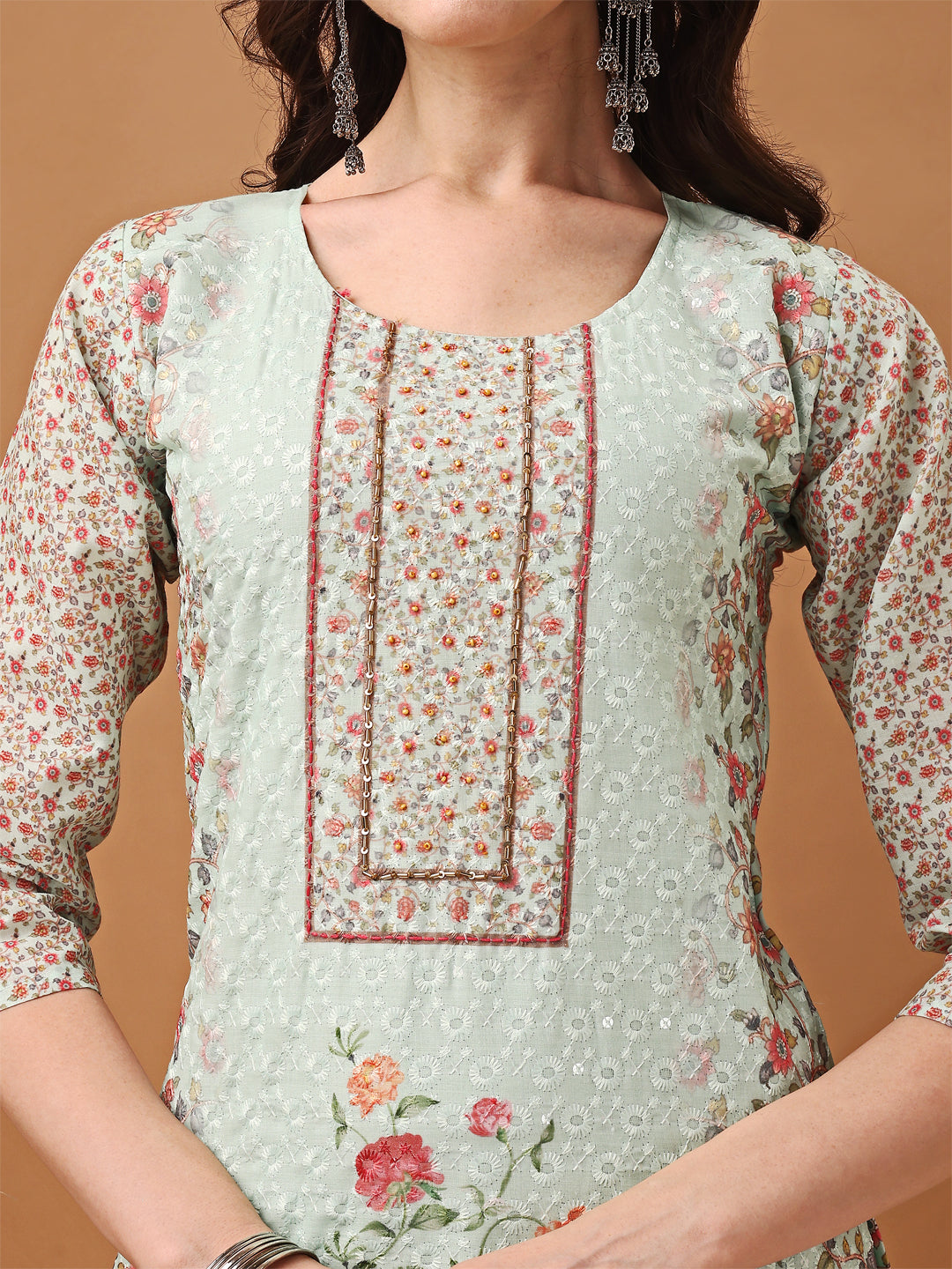 Hand Embroidered,Schiffli & Printed kurta with pant & Printed  Dupatta