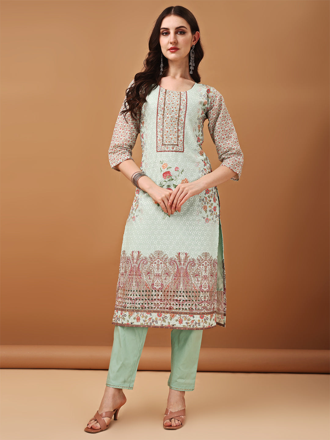 Hand Embroidered,Schiffli & Printed kurta with pant & Printed  Dupatta