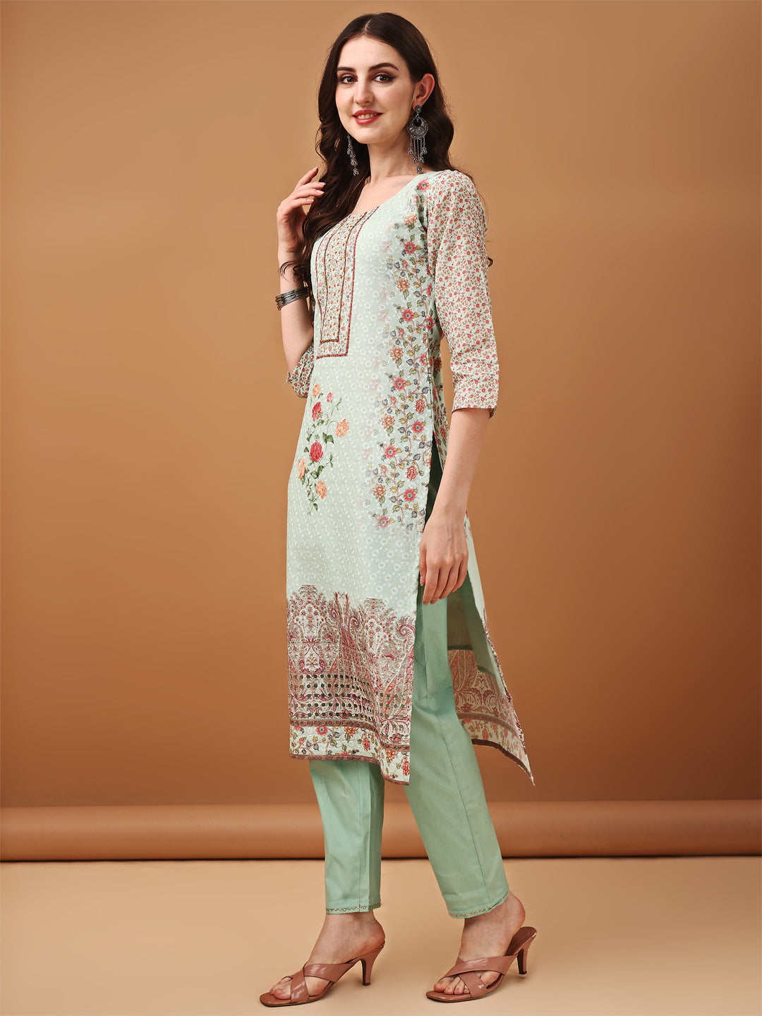 Hand Embroidered,Schiffli & Printed kurta with pant & Printed  Dupatta