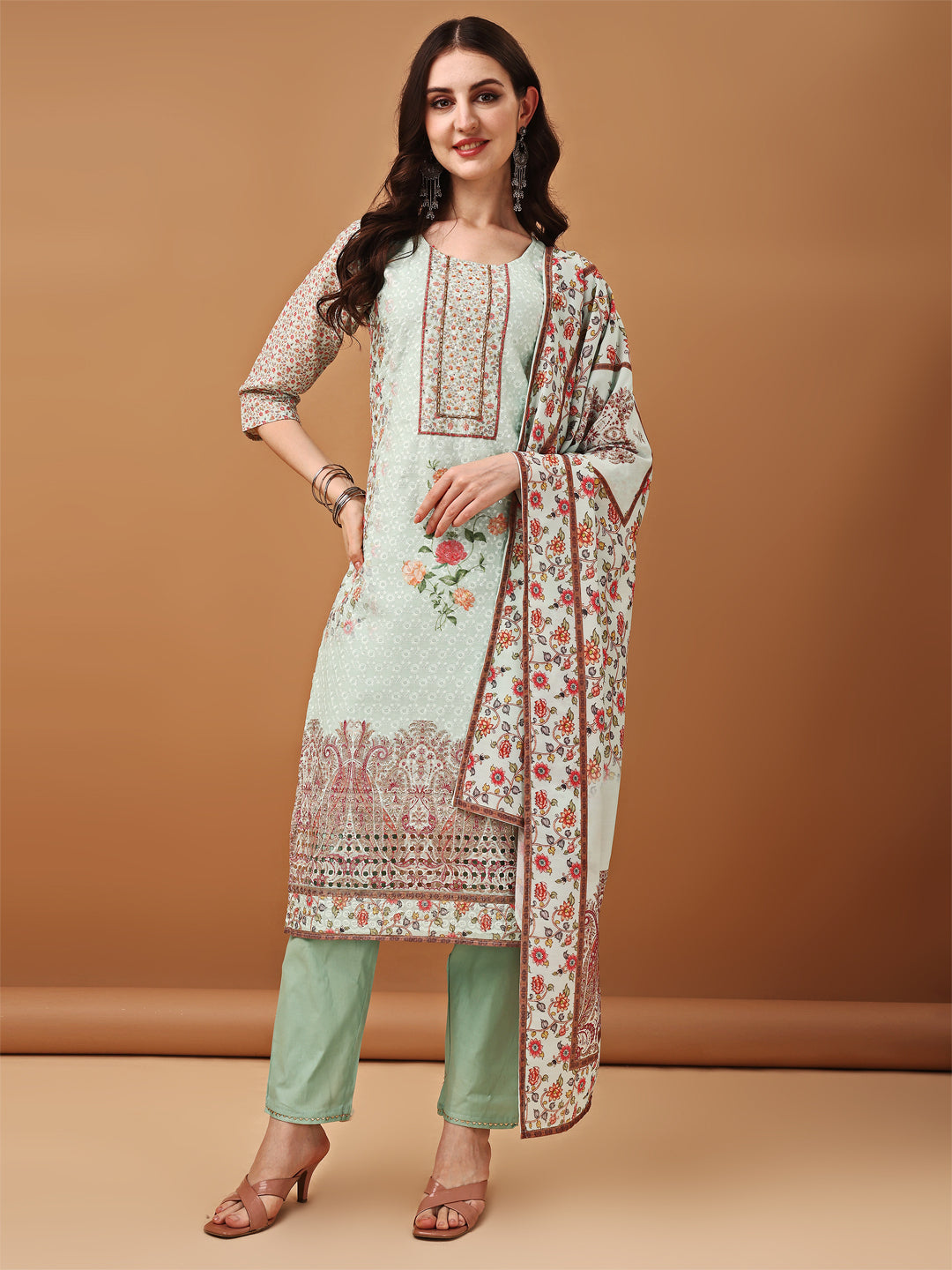 Hand Embroidered,Schiffli & Printed kurta with pant & Printed  Dupatta