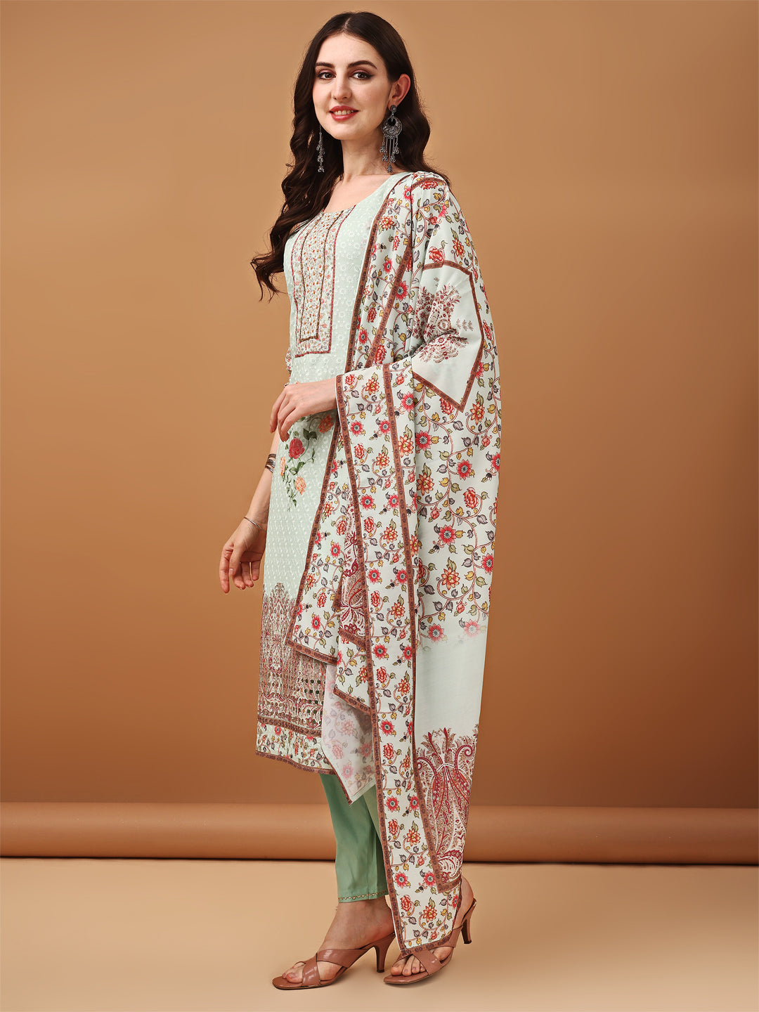 Hand Embroidered,Schiffli & Printed kurta with pant & Printed  Dupatta