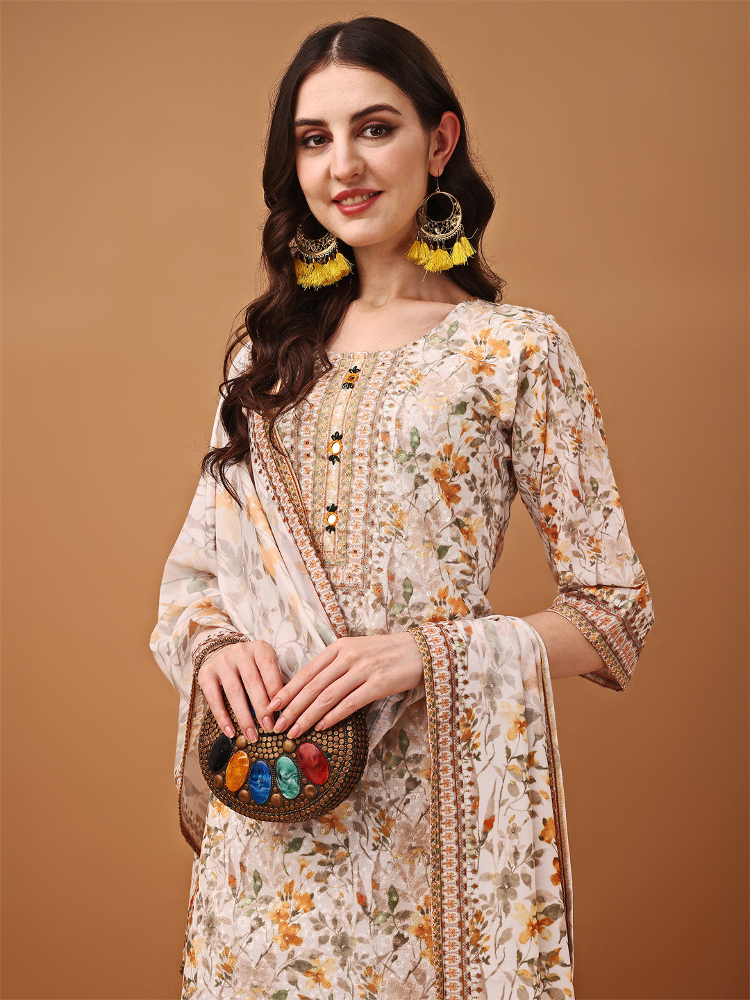 Hand Embroidered,Schiffli & Printed kurta with pant & Printed  Dupatta