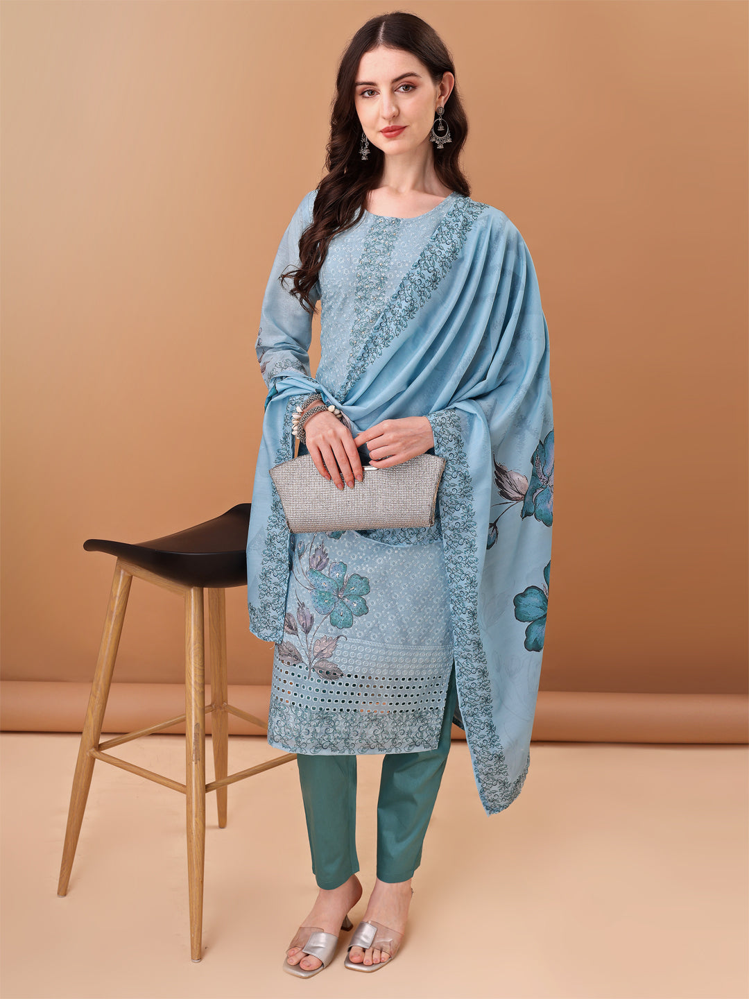 Hand Embroidered,Schiffli & Printed kurta with pant & Printed  Dupatta