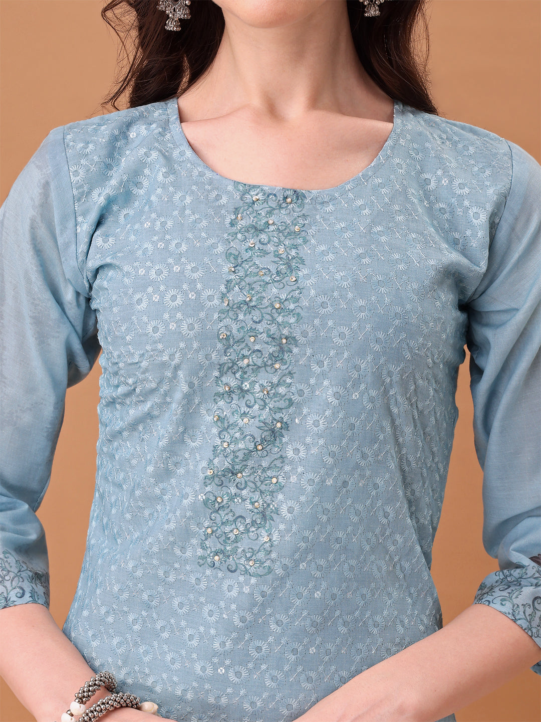 Hand Embroidered,Schiffli & Printed kurta with pant & Printed  Dupatta