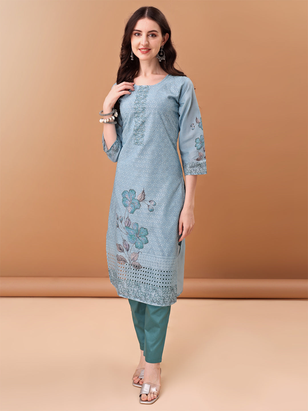 Hand Embroidered,Schiffli & Printed kurta with pant & Printed  Dupatta