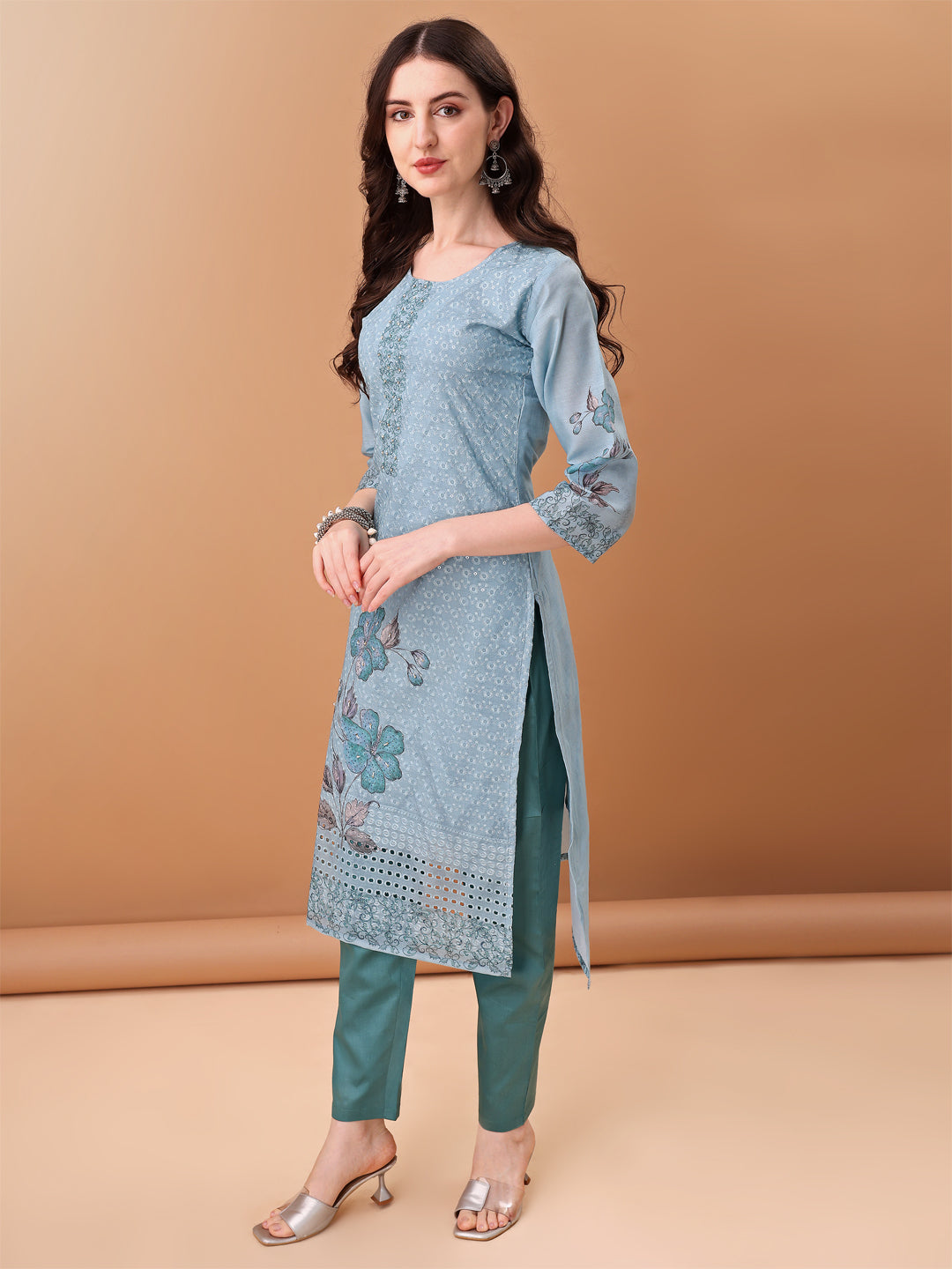 Hand Embroidered,Schiffli & Printed kurta with pant & Printed  Dupatta