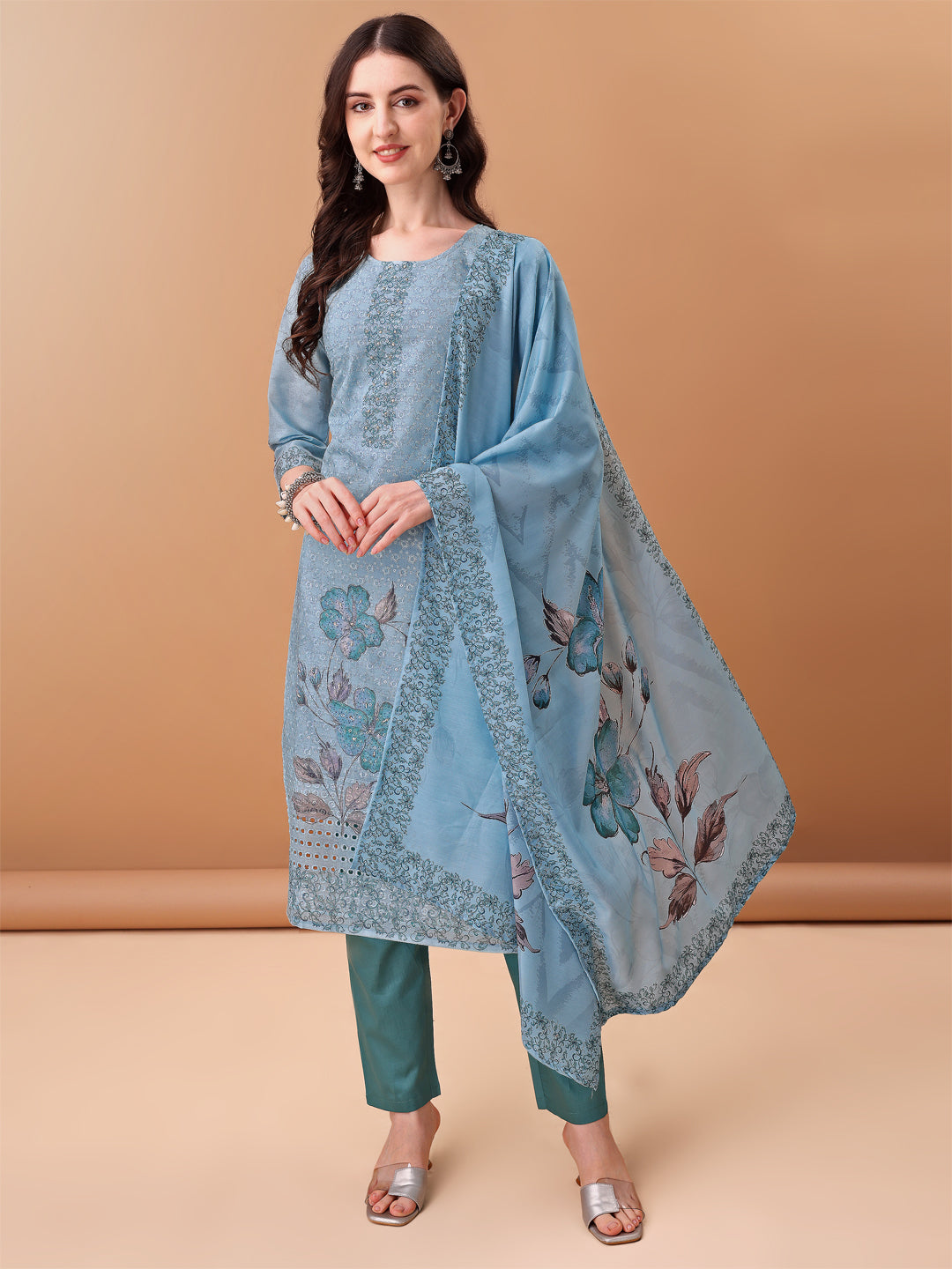 Hand Embroidered,Schiffli & Printed kurta with pant & Printed  Dupatta