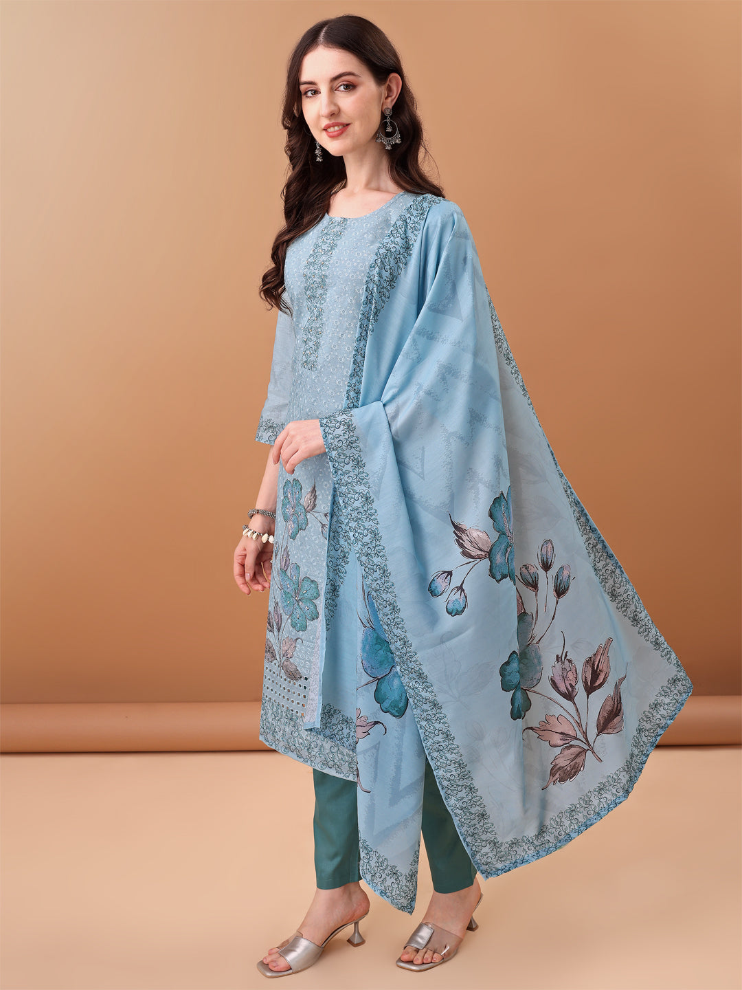 Hand Embroidered,Schiffli & Printed kurta with pant & Printed  Dupatta