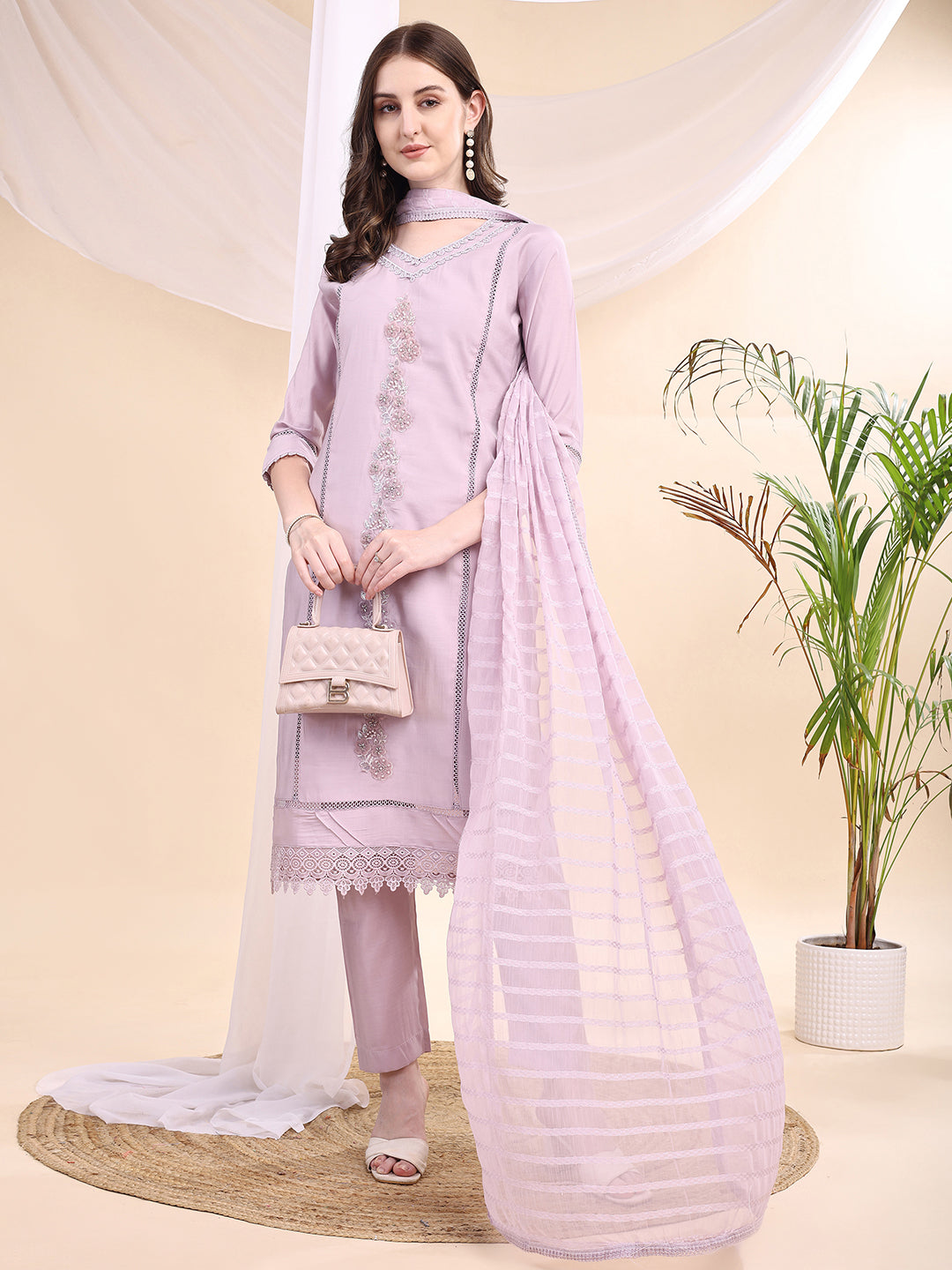 Applique Beads & Lace Embroidered Kurta with pant & Dupatta