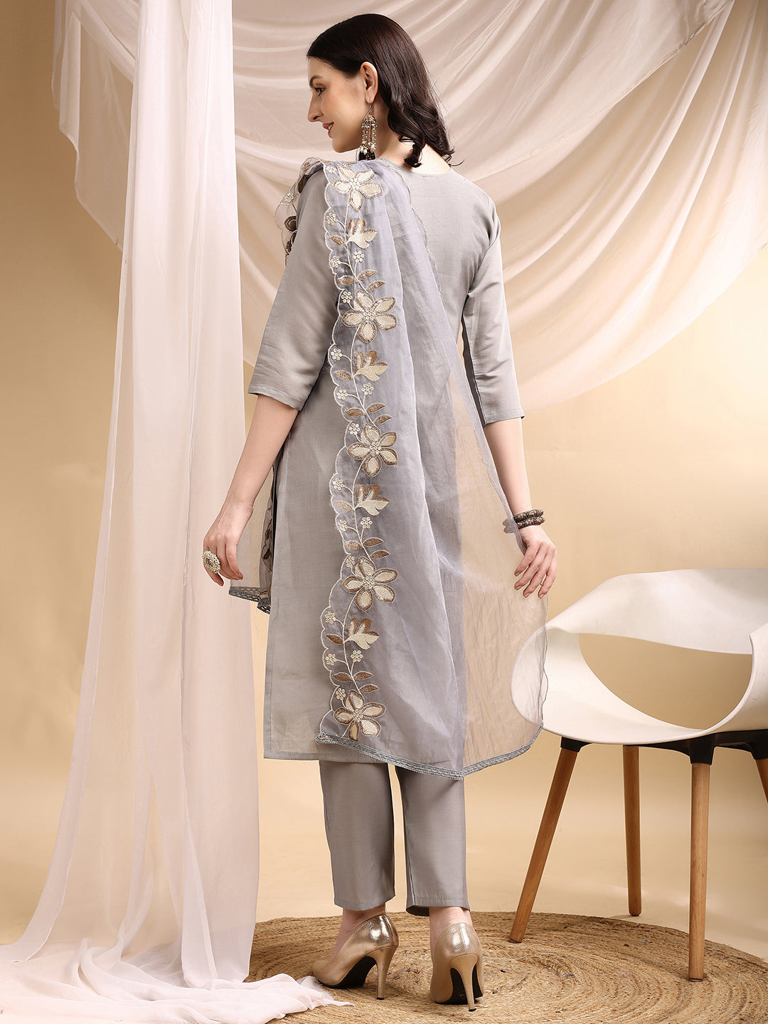 Hand & Thread Placement Embroidered Kurta with Pant & Embroidered Dupatta
