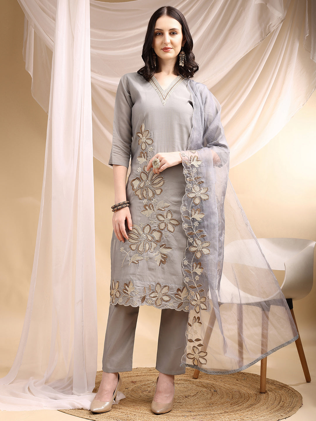 Hand & Thread Placement Embroidered Kurta with Pant & Embroidered Dupatta