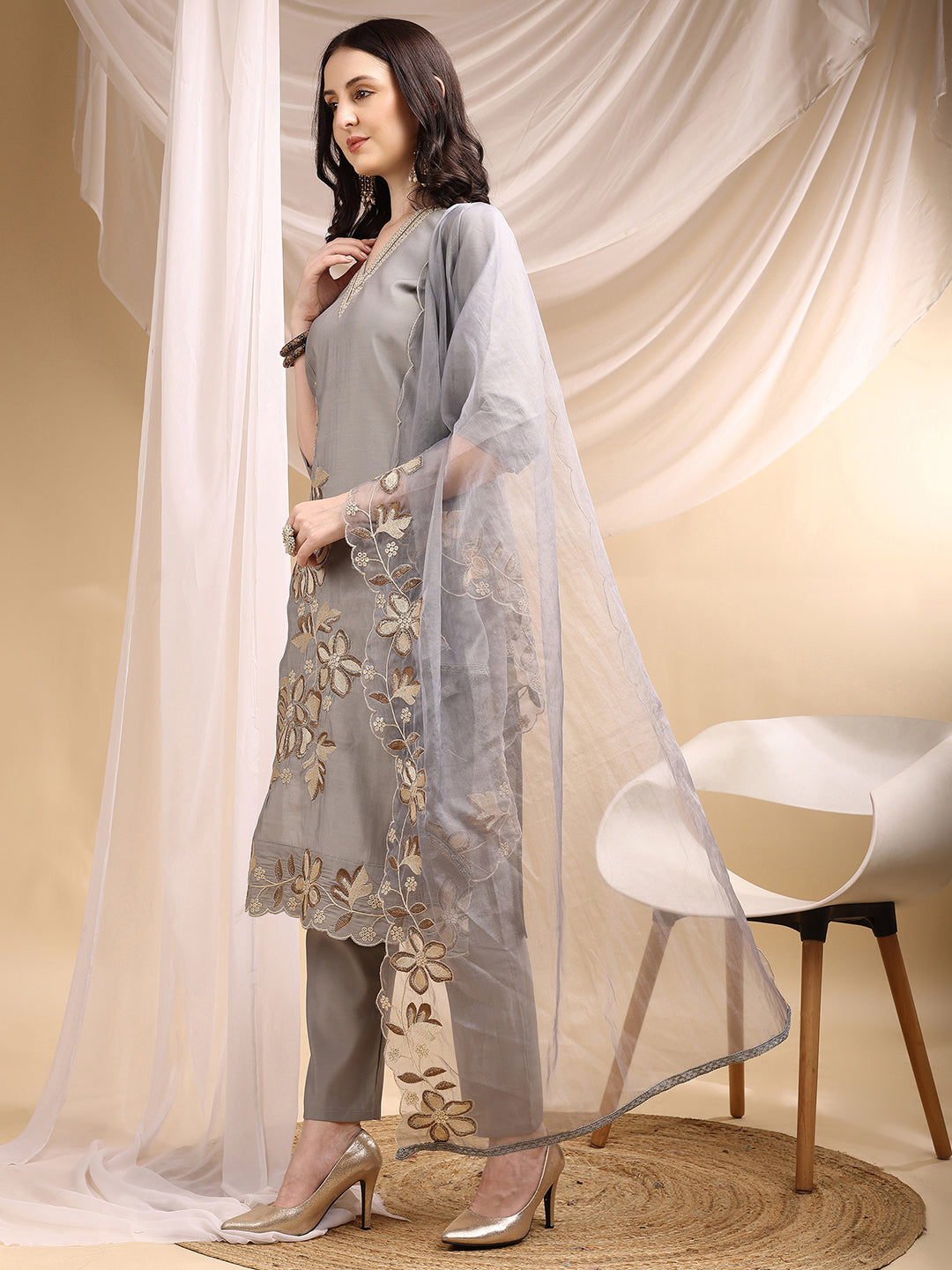 Hand & Thread Placement Embroidered Kurta with Pant & Embroidered Dupatta