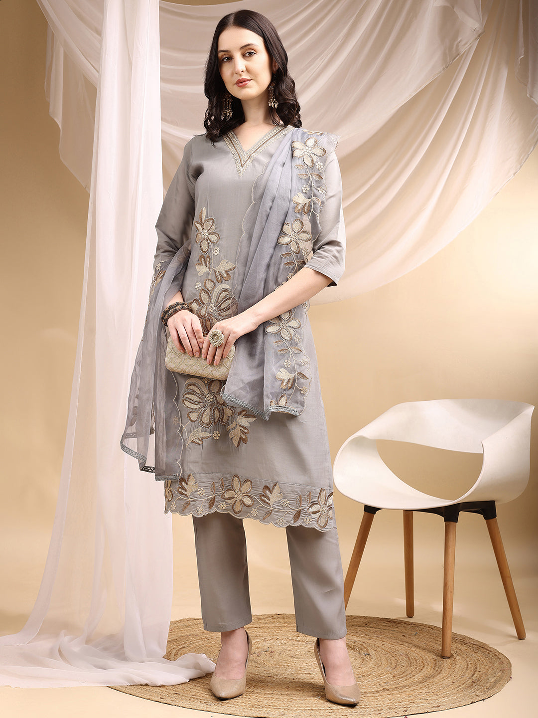 Hand & Thread Placement Embroidered Kurta with Pant & Embroidered Dupatta