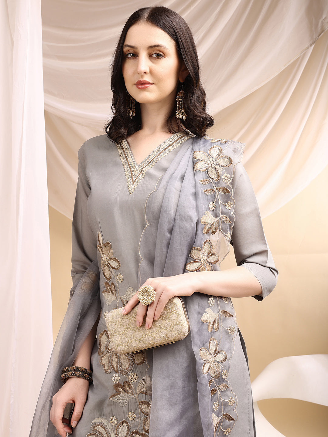 Hand & Thread Placement Embroidered Kurta with Pant & Embroidered Dupatta