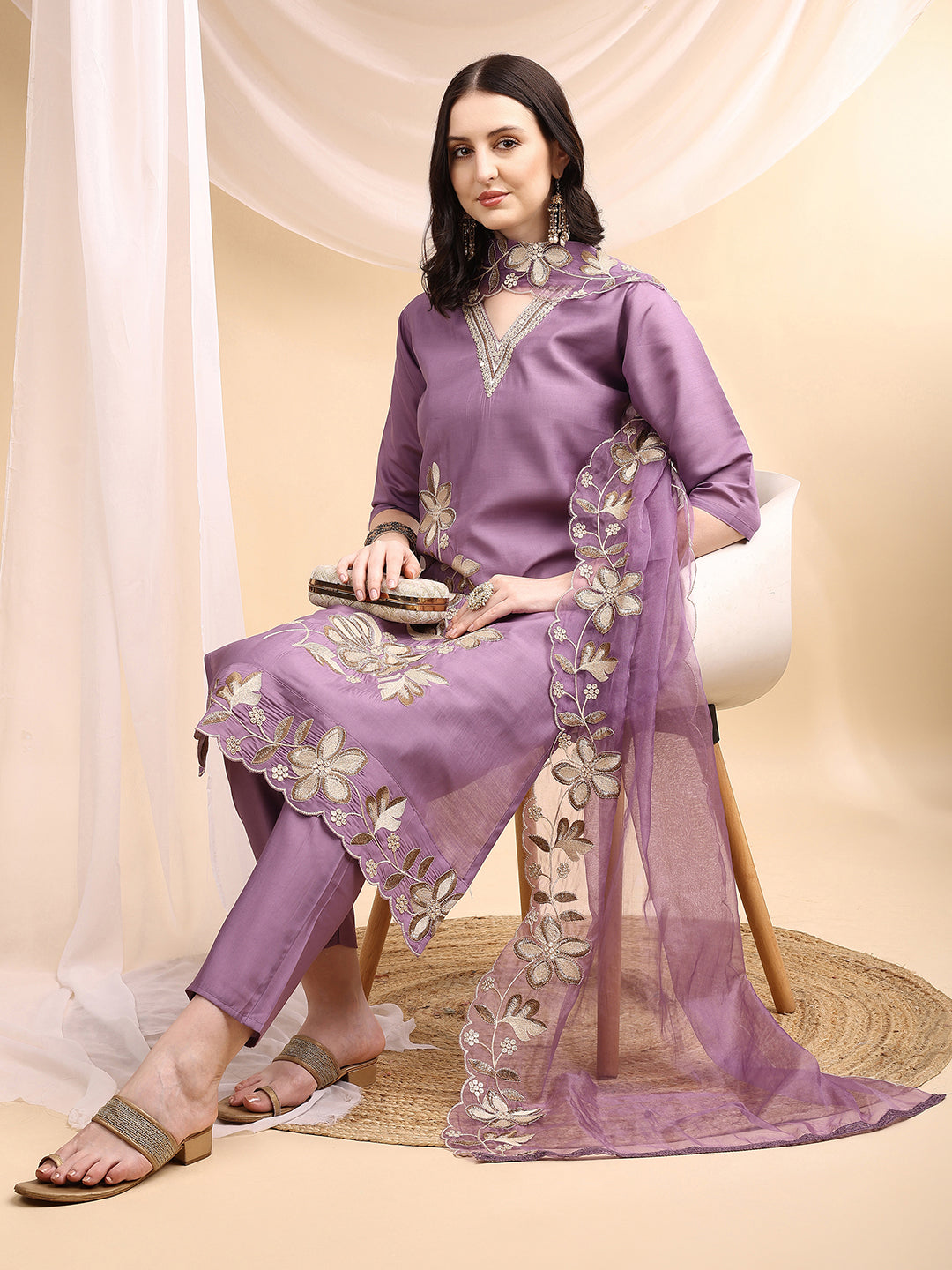 Hand & Thread Placement Embroidered Kurta with Pant & Embroidered Dupatta