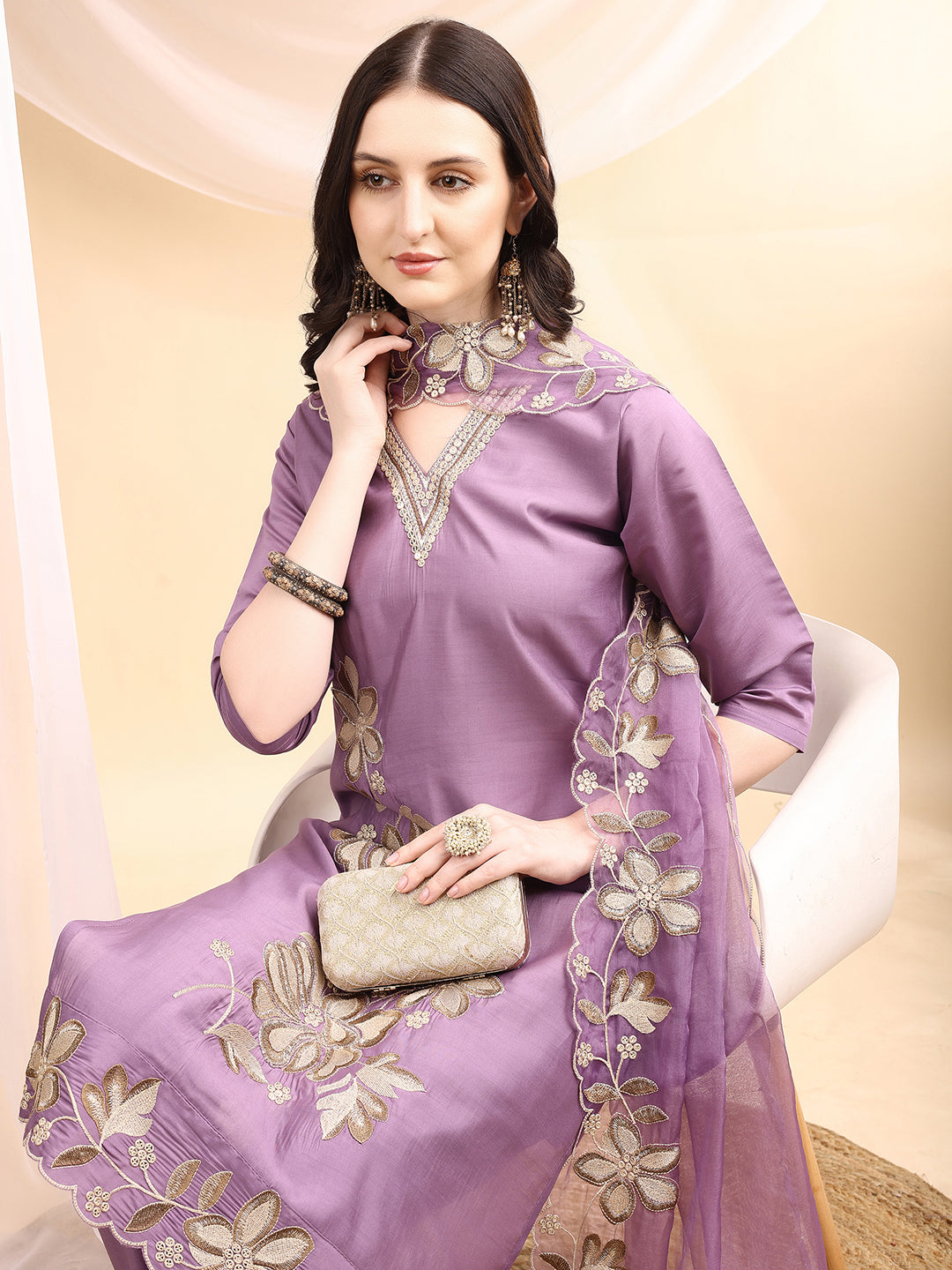 Hand & Thread Placement Embroidered Kurta with Pant & Embroidered Dupatta