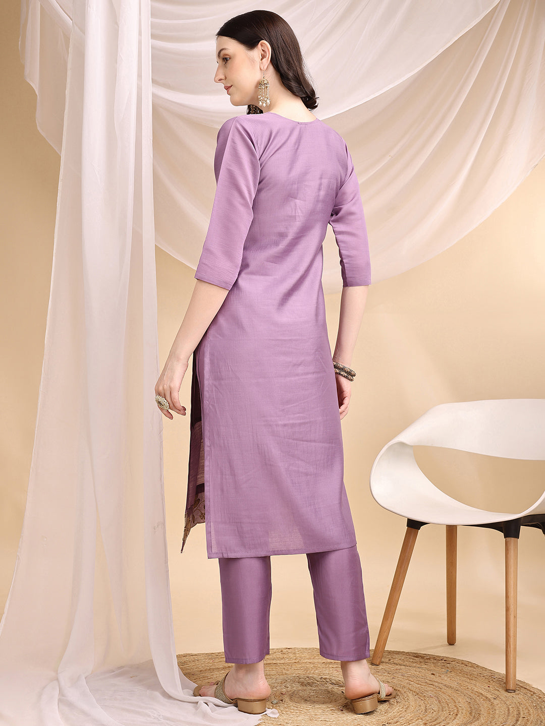 Hand & Thread Placement Embroidered Kurta with Pant & Embroidered Dupatta