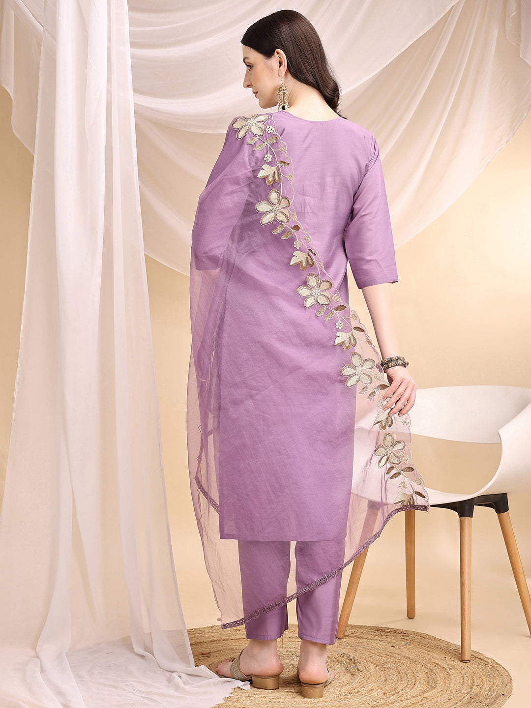 Hand & Thread Placement Embroidered Kurta with Pant & Embroidered Dupatta