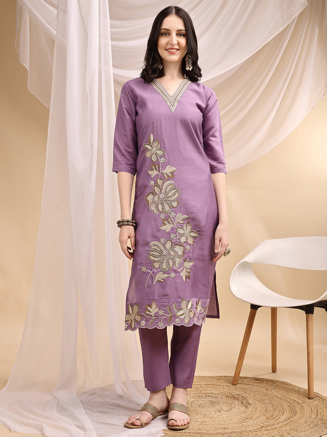 Hand & Thread Placement Embroidered Kurta with Pant & Embroidered Dupatta