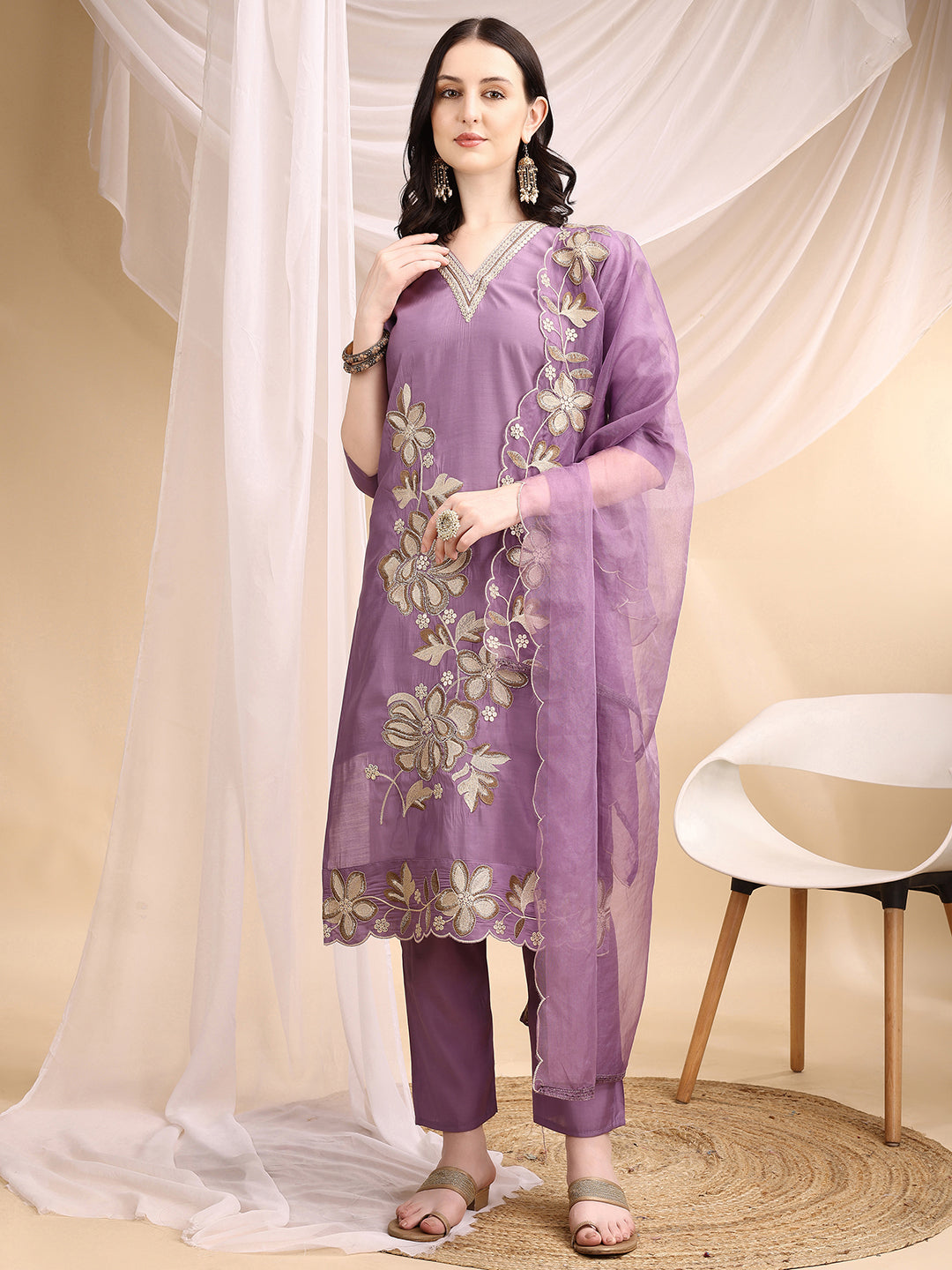 Hand & Thread Placement Embroidered Kurta with Pant & Embroidered Dupatta