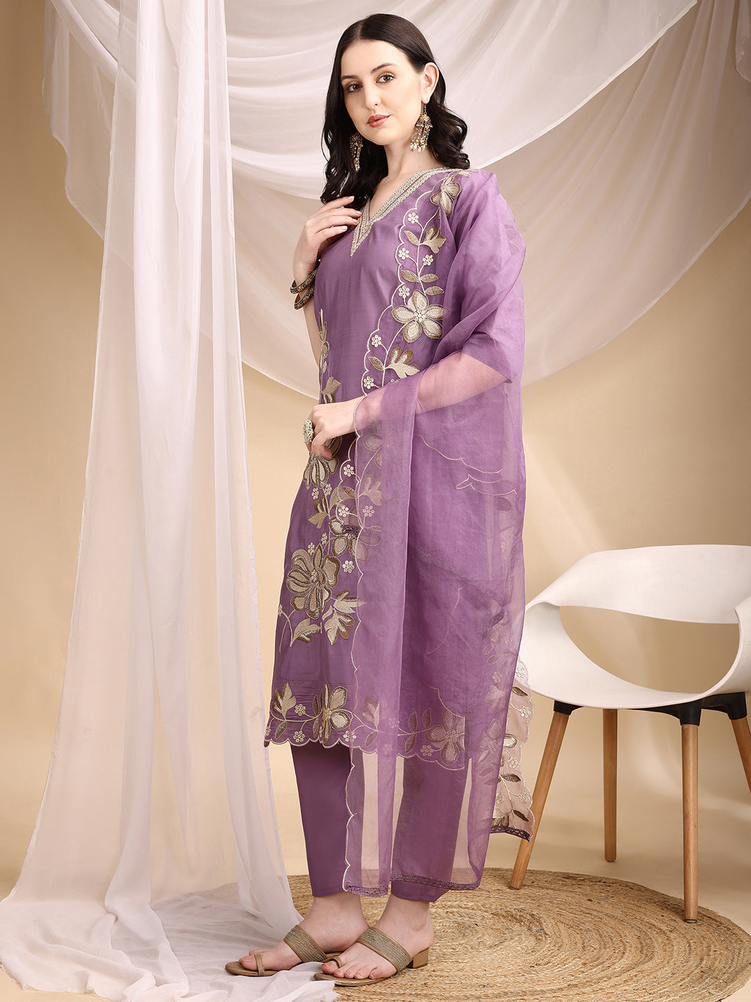 Hand & Thread Placement Embroidered Kurta with Pant & Embroidered Dupatta