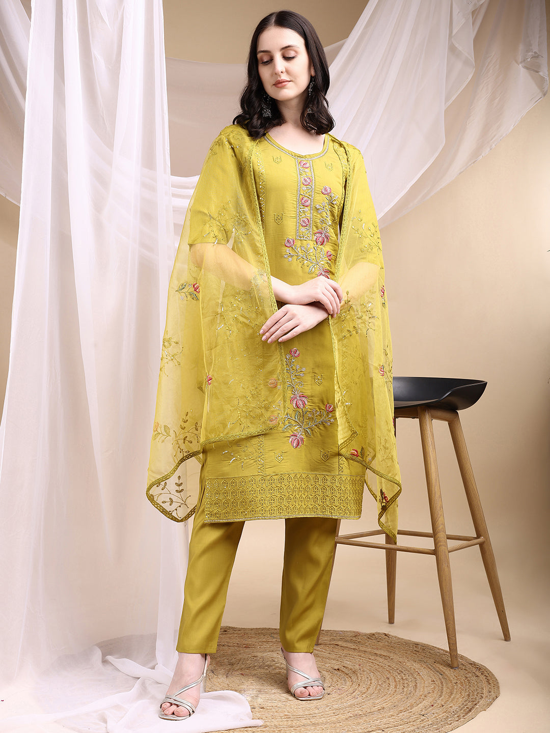 Hand Embroidered Kurta with Pant & Embroidered Dupatta