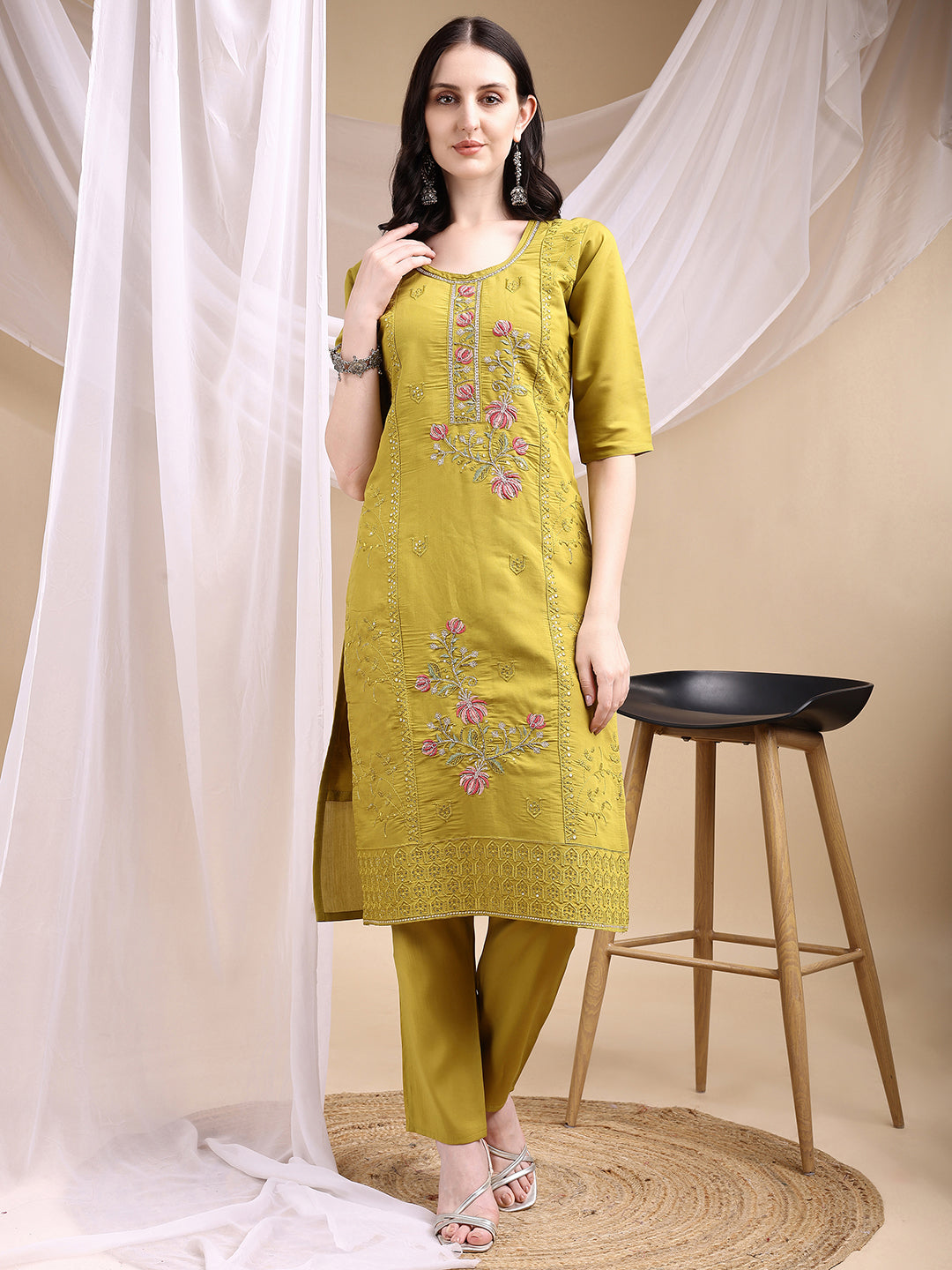 Hand Embroidered Kurta with Pant & Embroidered Dupatta