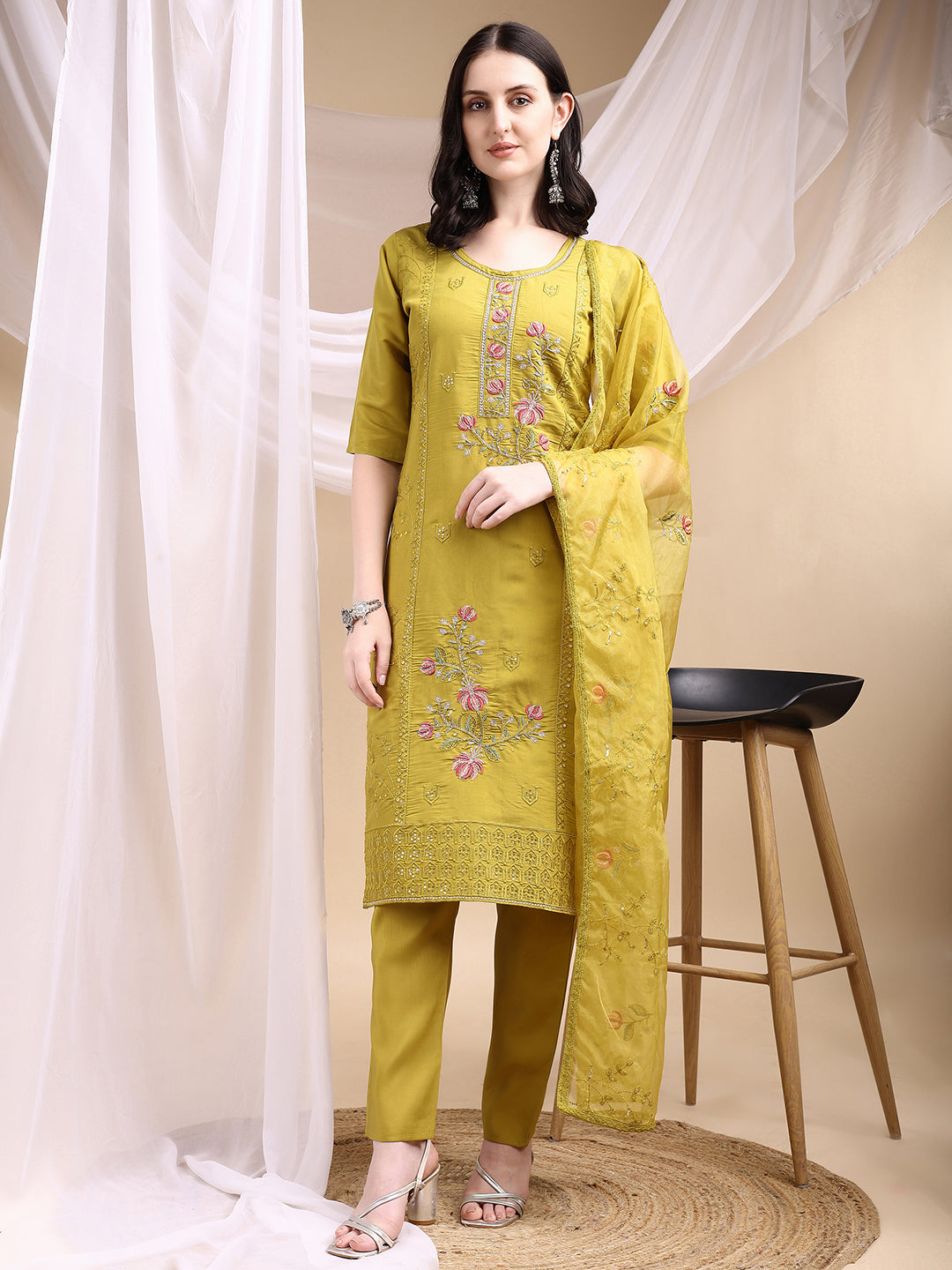 Hand Embroidered Kurta with Pant & Embroidered Dupatta