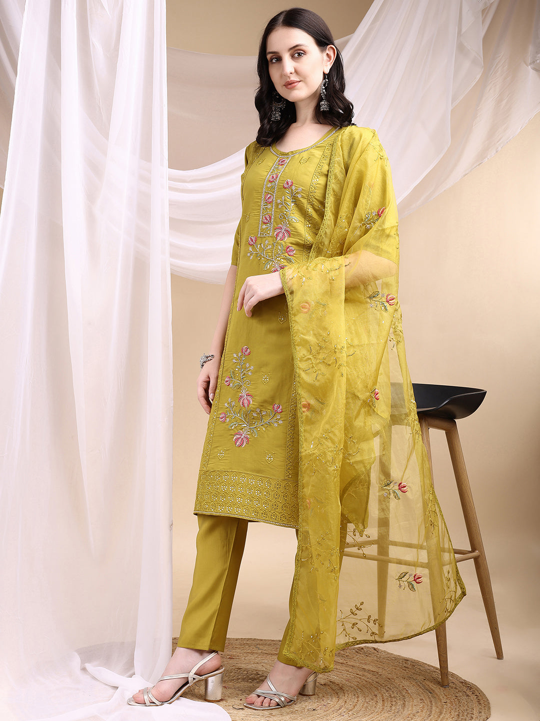 Hand Embroidered Kurta with Pant & Embroidered Dupatta